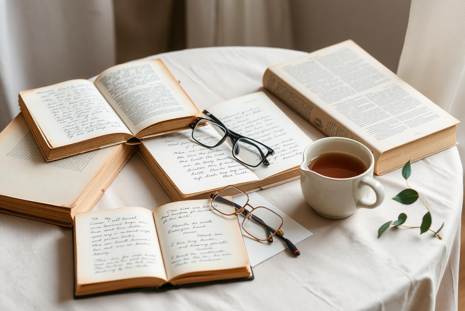 Open books, handwritten notes, reading glasses and a cup of tea on a linen-covered table in warm natural light