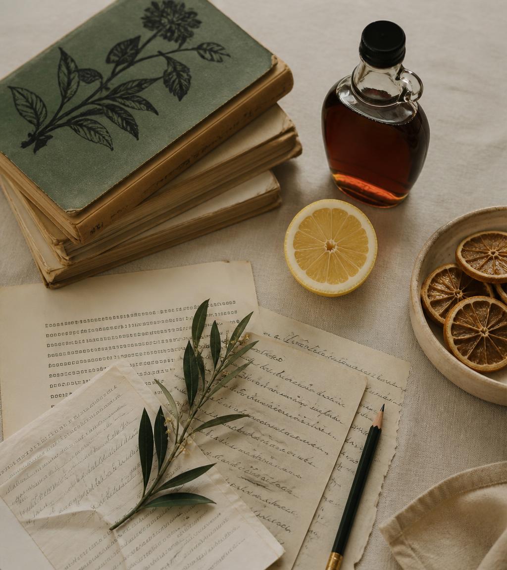 An archival still life of worn vintage books, handwritten papers, a halved lemon and a small bottle of maple syrup on linen in natural light