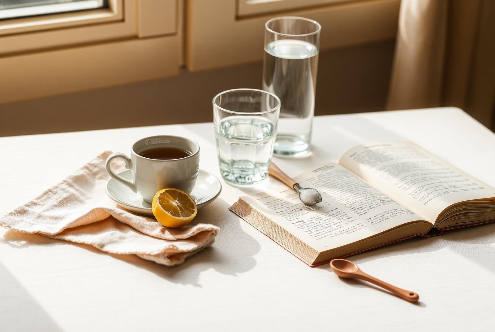 A cup of herbal tea, glasses of water, a halved lemon and an open worn booklet on a linen-covered table in warm natural light