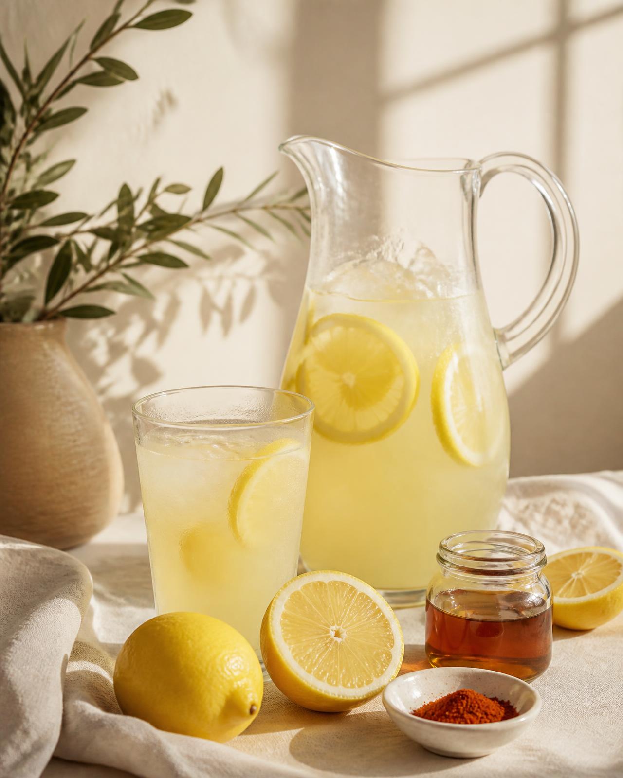 A glass pitcher and filled glass of fresh lemonade with lemons, maple syrup and cayenne in natural light