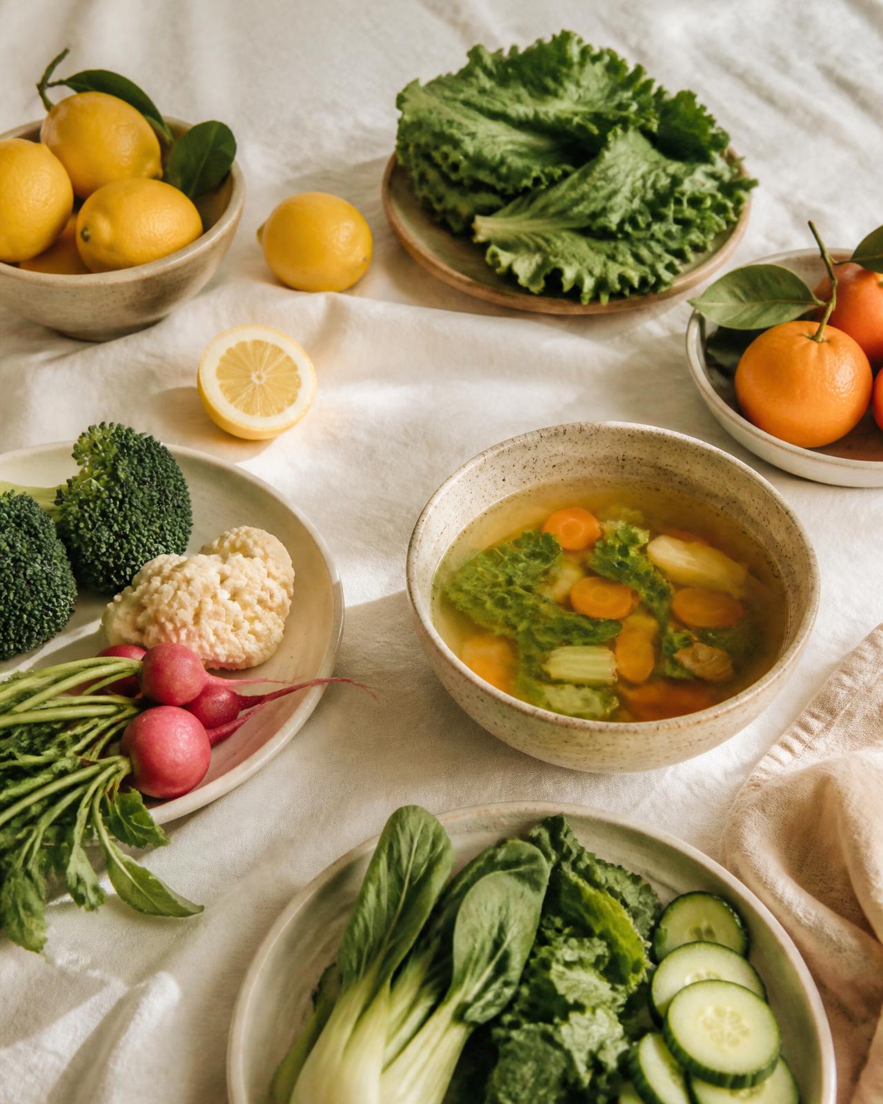 Fresh whole foods and a simple vegetable broth arranged in natural light