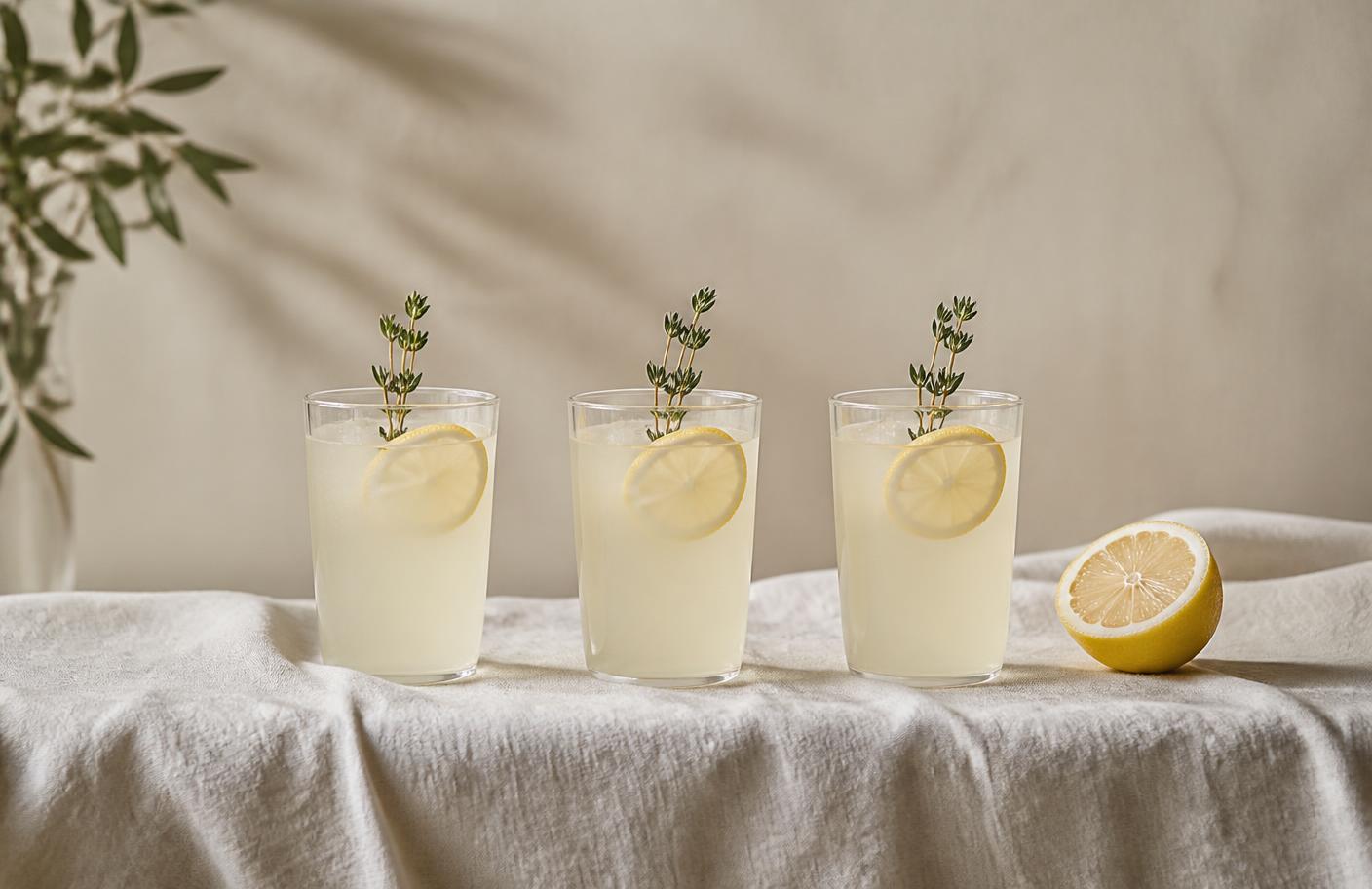 Three identical glasses of pale lemonade in a row on cream linen beside a halved lemon in quiet daylight