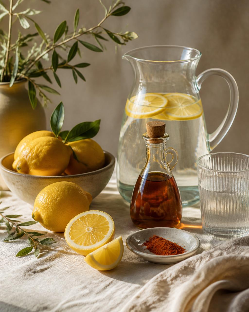 Fresh lemons, a glass pitcher of lemon water, maple syrup and ground cayenne arranged on a linen-covered kitchen table