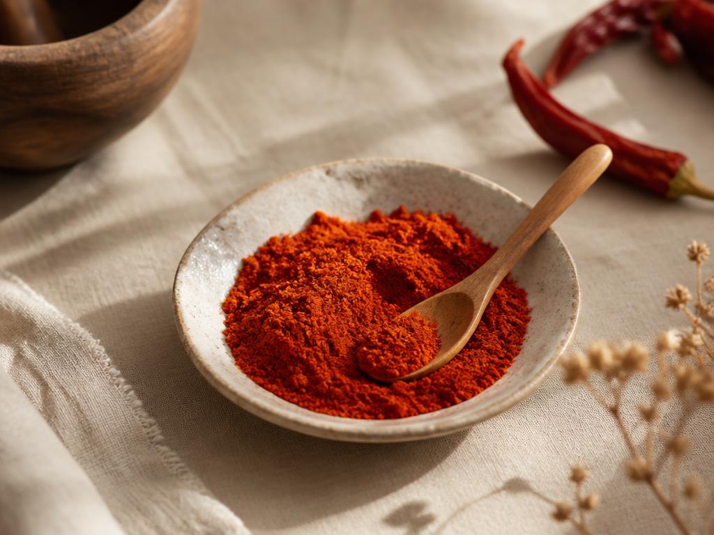 Ground cayenne pepper in a small pale ceramic dish with a wooden spoon on ivory linen