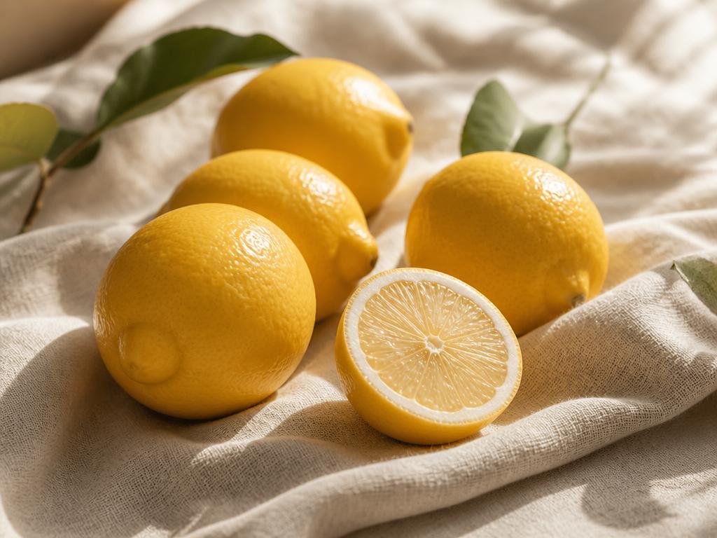 Fresh whole lemons and one halved lemon resting on ivory linen in natural light