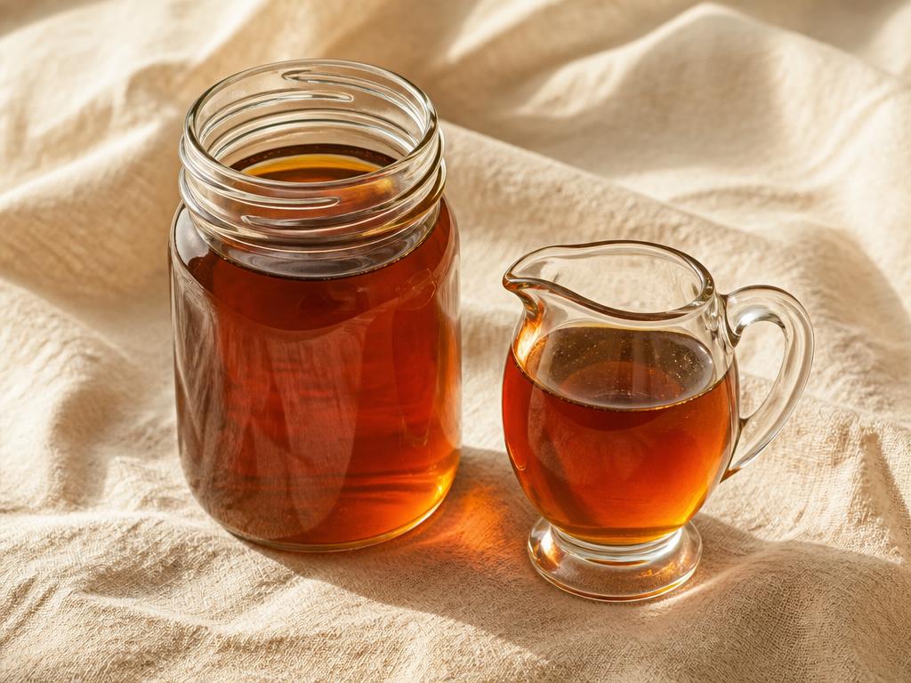 Amber maple syrup in a plain glass jar beside a small glass pitcher on ivory linen