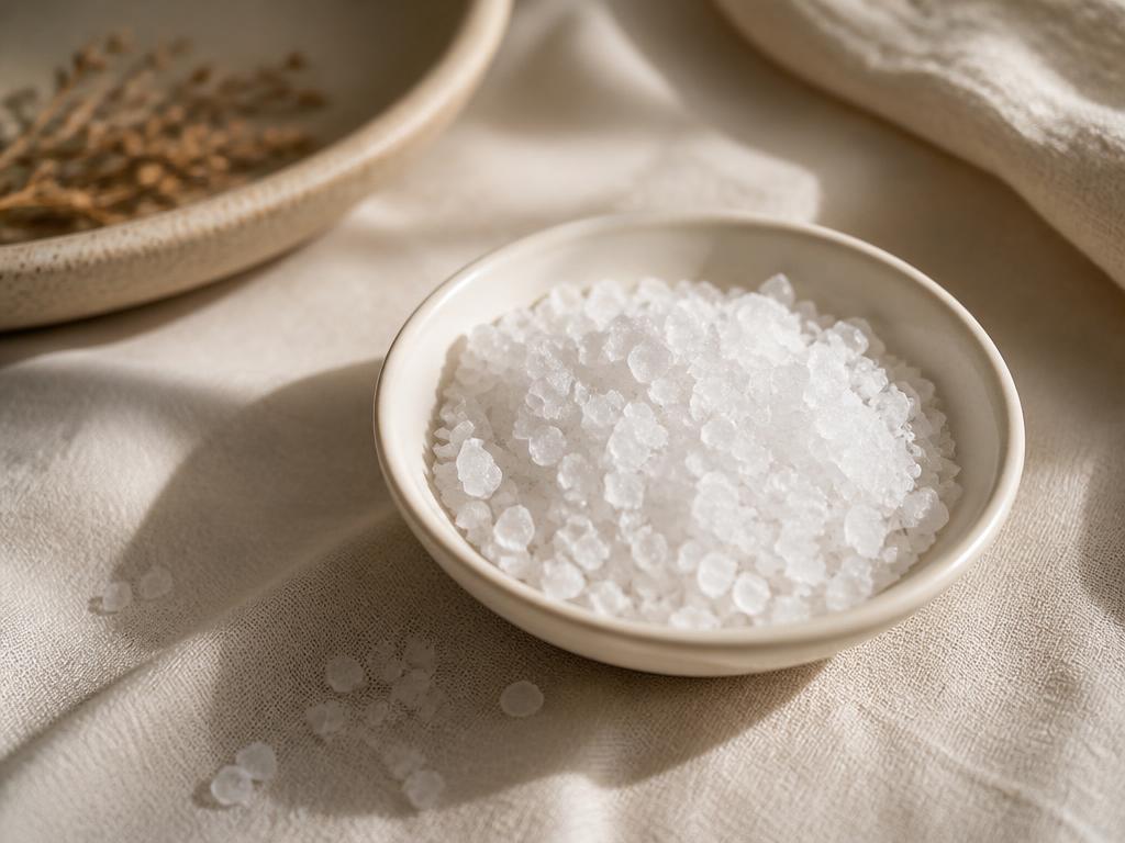 Coarse natural sea salt crystals in a small pale ceramic dish on ivory linen