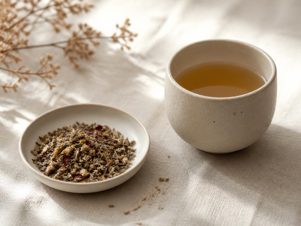 Loose herbal tea leaves in a small dish beside a simple cup of brewed herbal tea