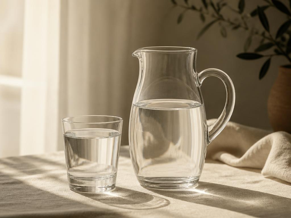 A clear glass of still water beside a simple glass pitcher on a linen-covered table