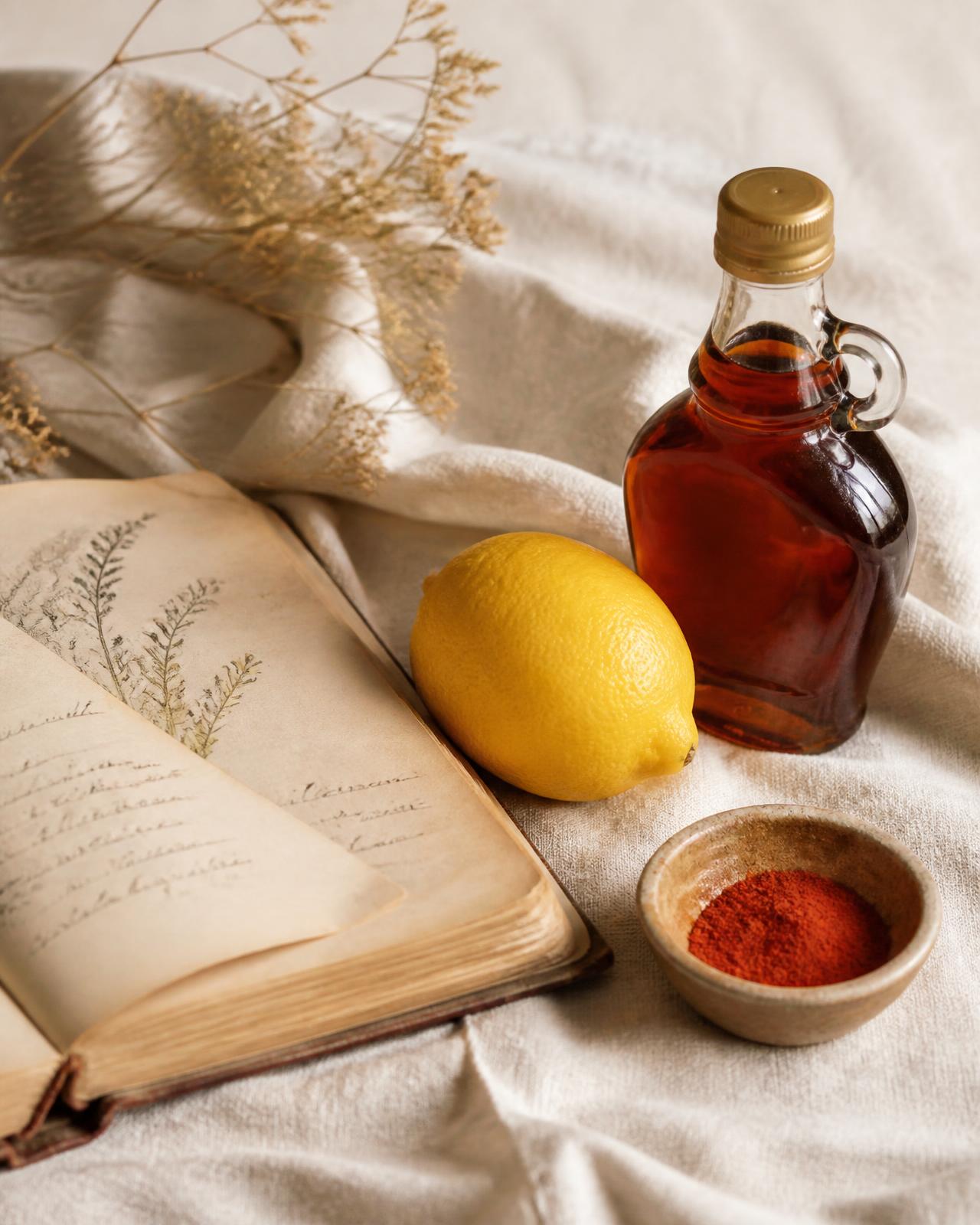 An open book with handwritten notes alongside a lemon, maple syrup and cayenne on warm linen
