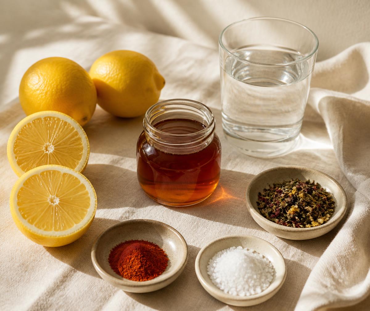 Fresh whole and halved lemons beside small dishes of maple syrup, cayenne pepper, sea salt and loose herbal tea with a glass of water on warm linen