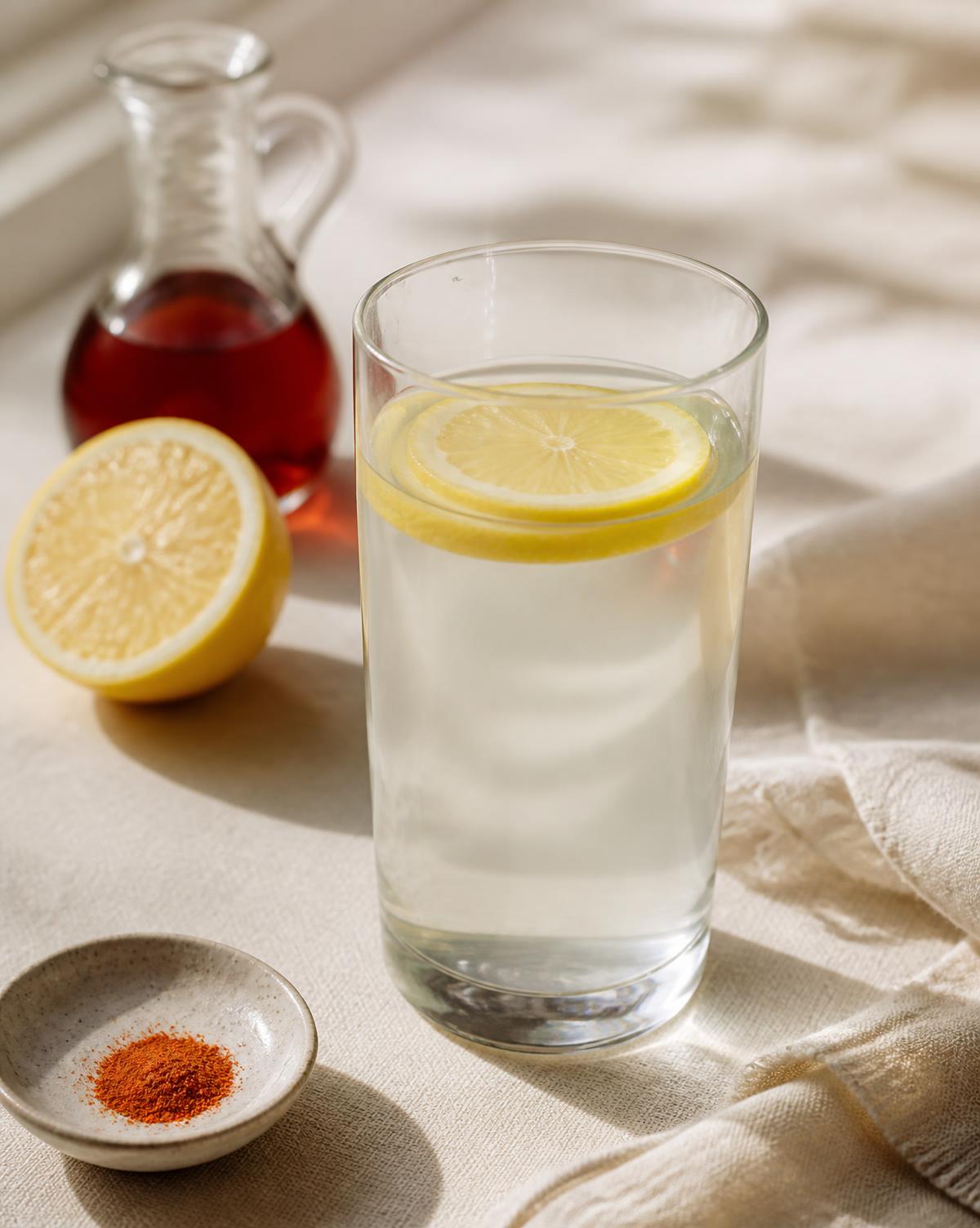 A glass of the traditional Master Cleanse lemonade on a warm linen surface