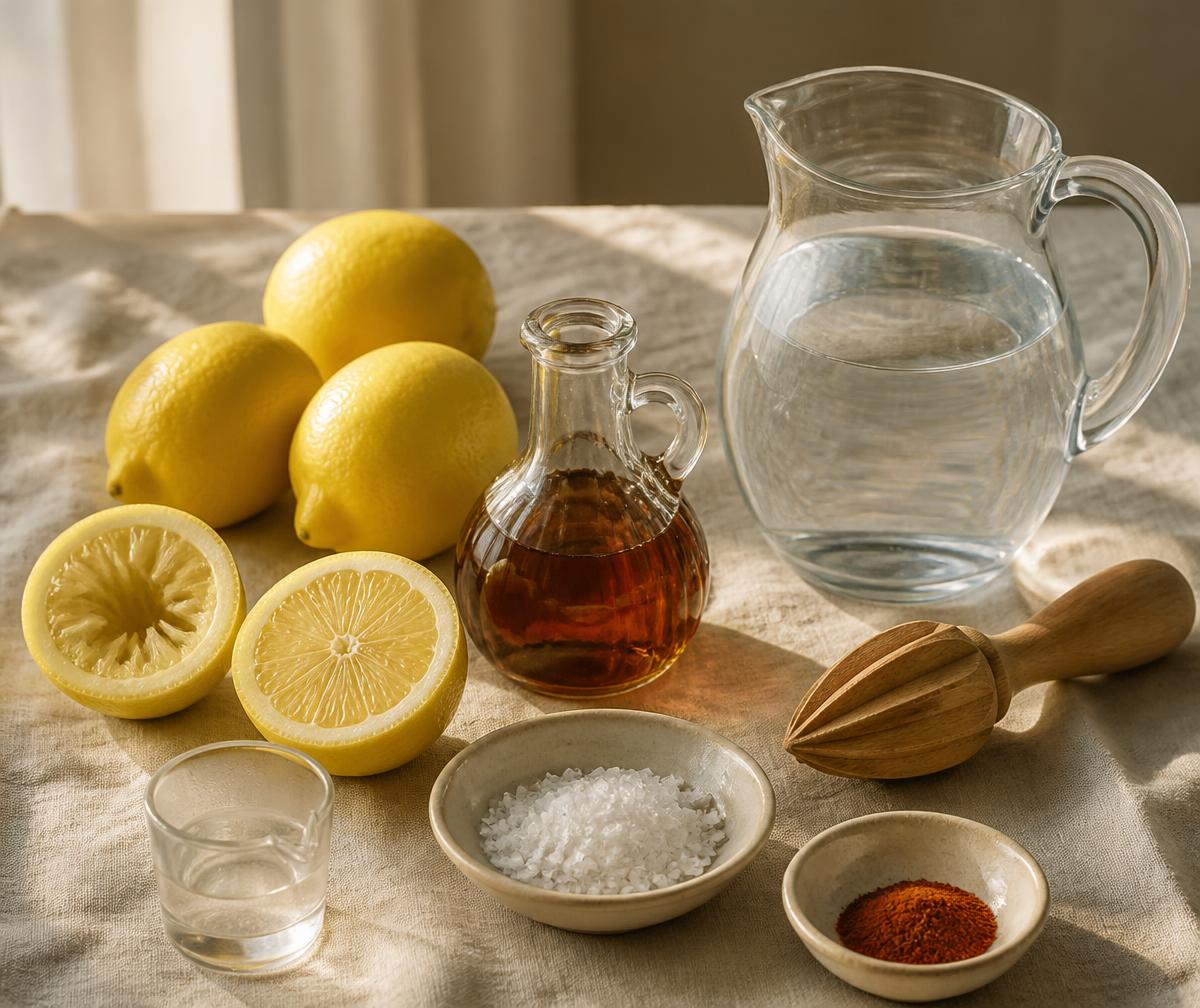 Fresh whole and halved lemons beside a small cruet of maple syrup, dishes of sea salt and ground cayenne, a wooden citrus reamer and a glass pitcher of water on warm linen in natural light